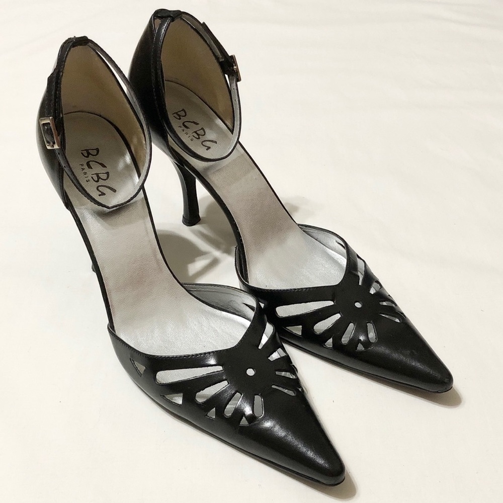BCBG Black Leather Cut-out Heels w/Ankle Strap 9.5